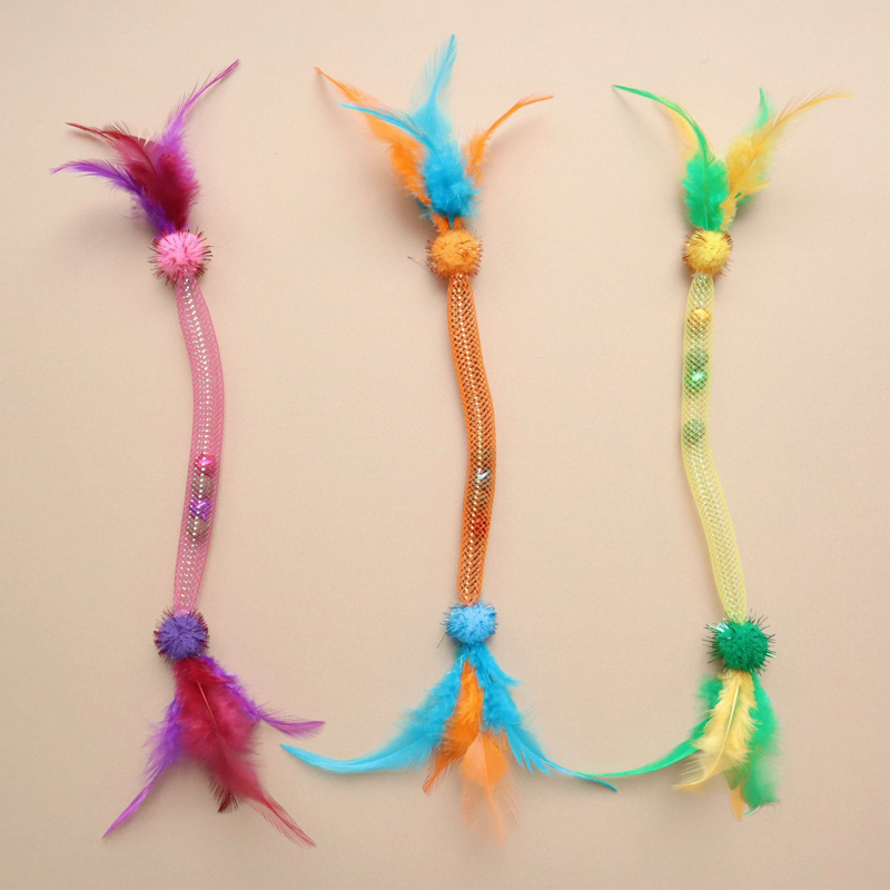 Catnip Toys - Feather Teasing Cat Stick Elastic Mesh